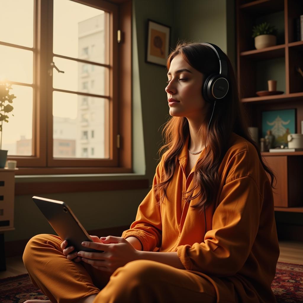 Woman Listening to Gurbani on Headphones