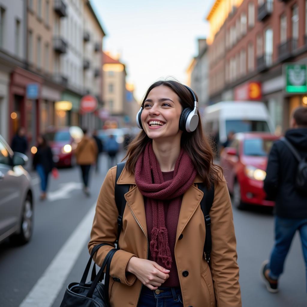 Woman wearing headphones, smiling, against a city backdrop