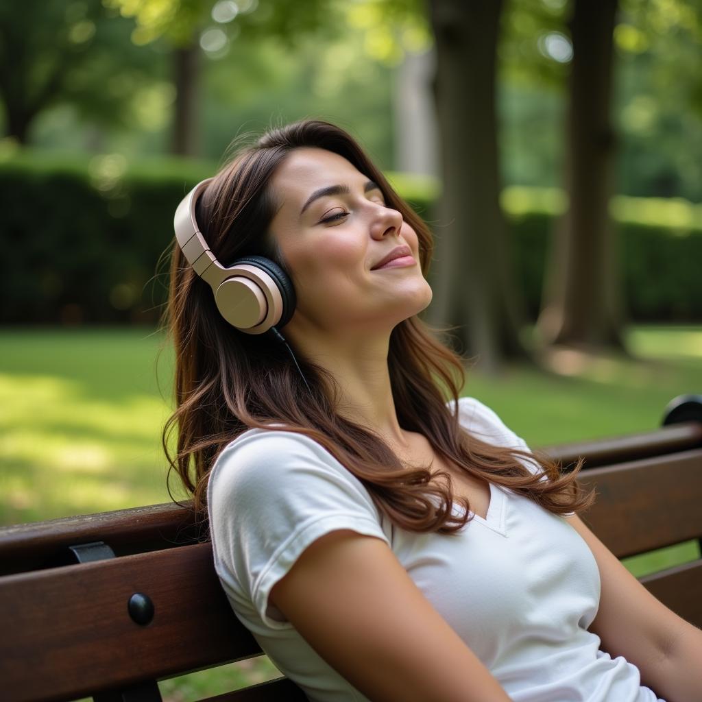  A young woman smiling and looking happy while wearing headphones and listening to music 