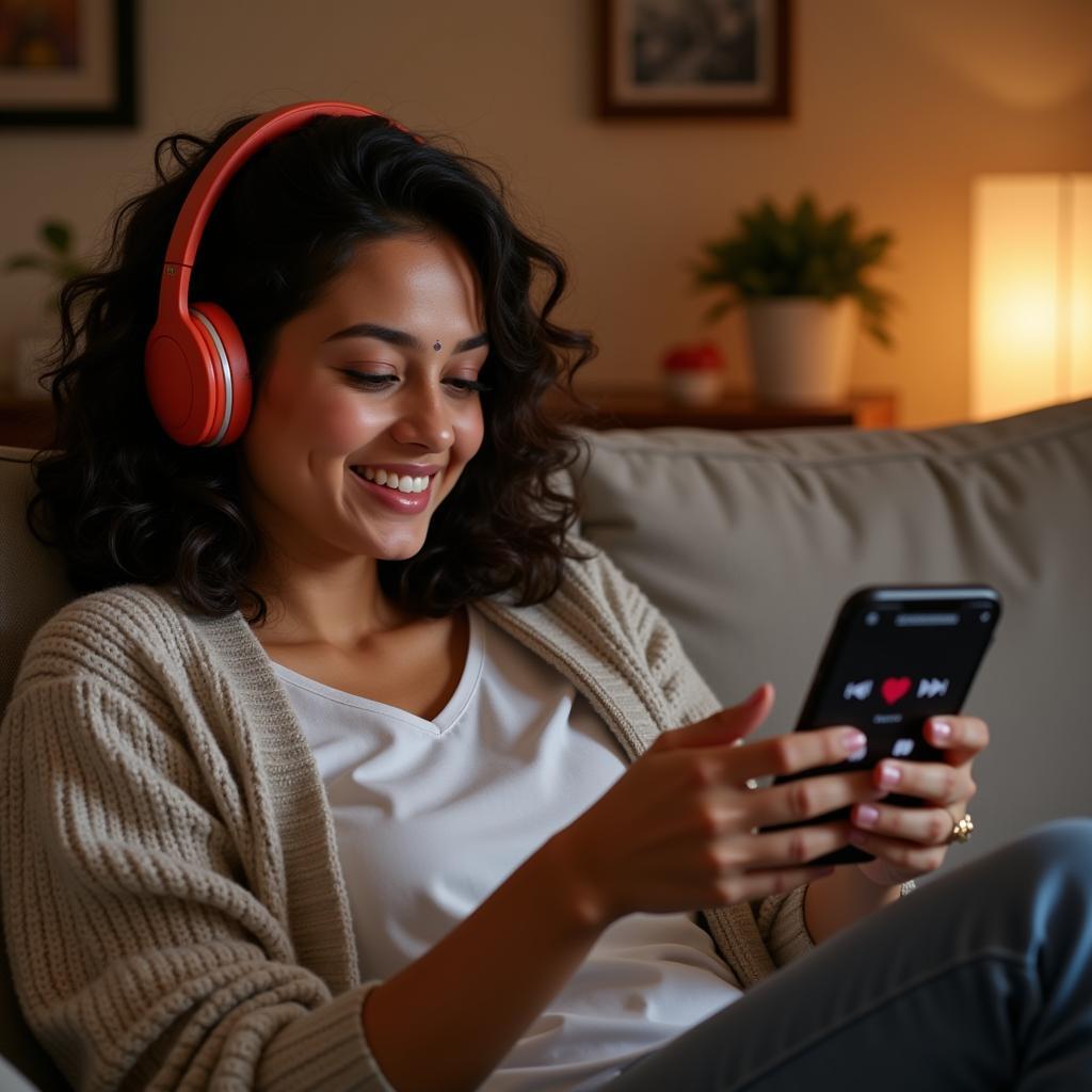 Woman enjoying Tamil love songs on headphones