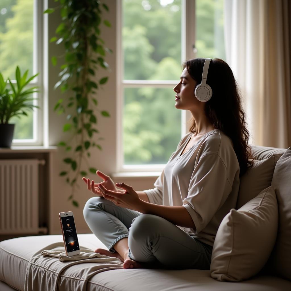 Woman Meditating with Fountain Music