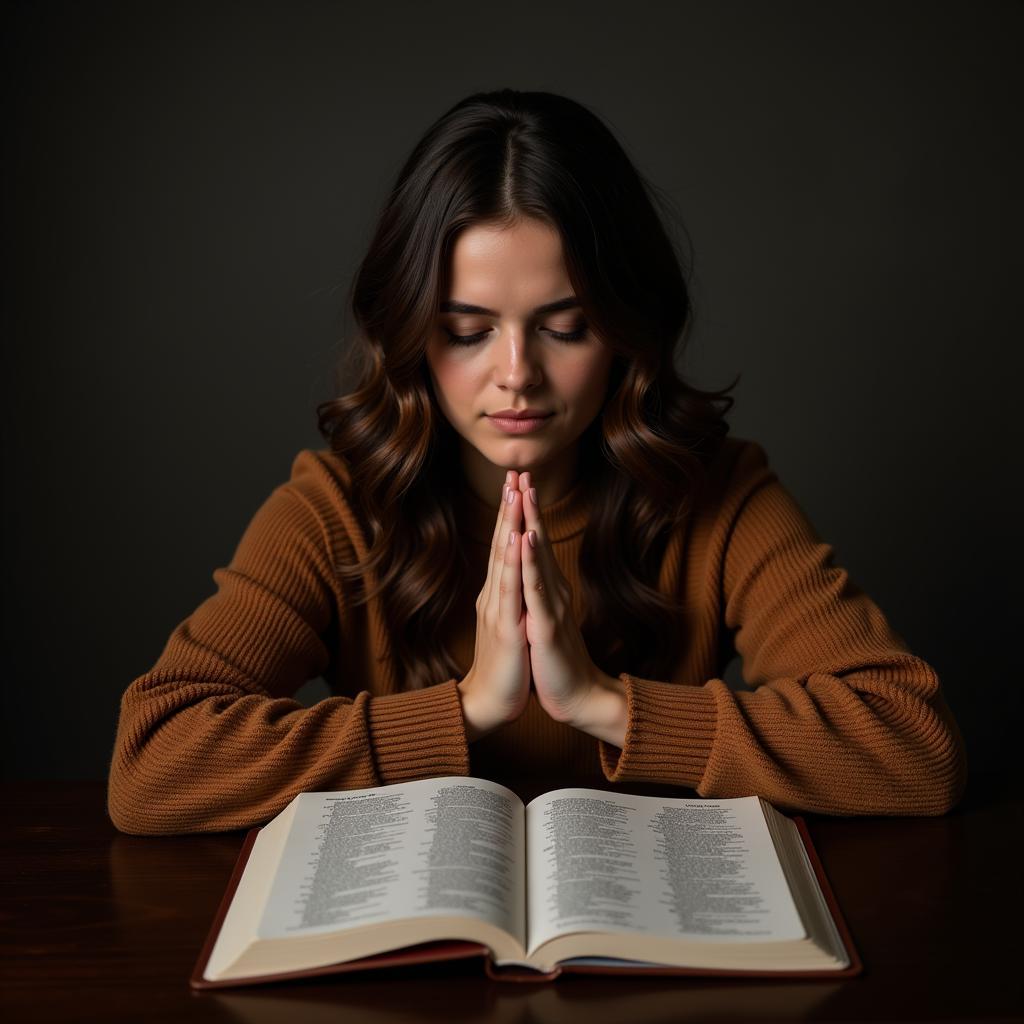 Woman deeply immersed in prayer with her Bible