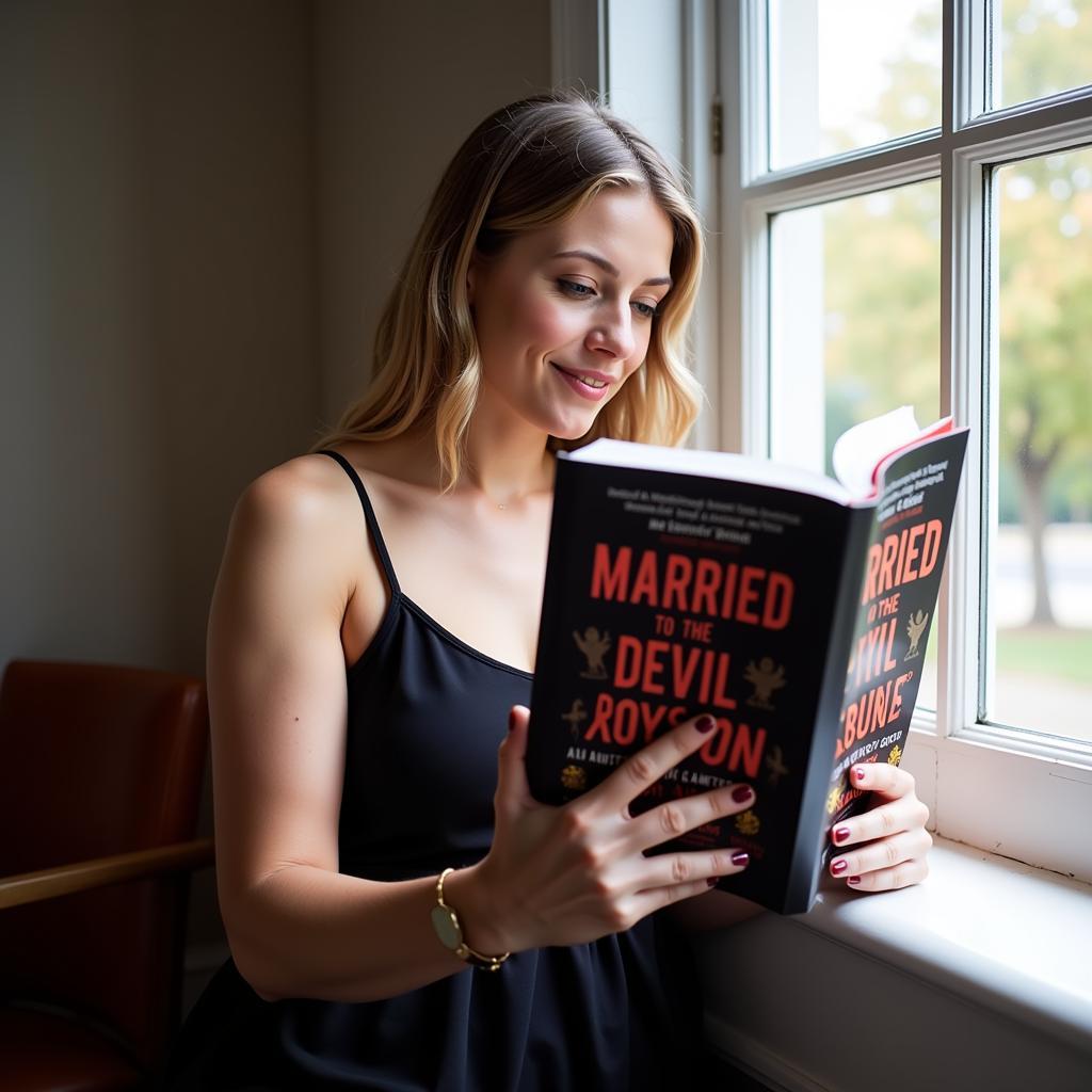 Woman reading a paperback novel by a window