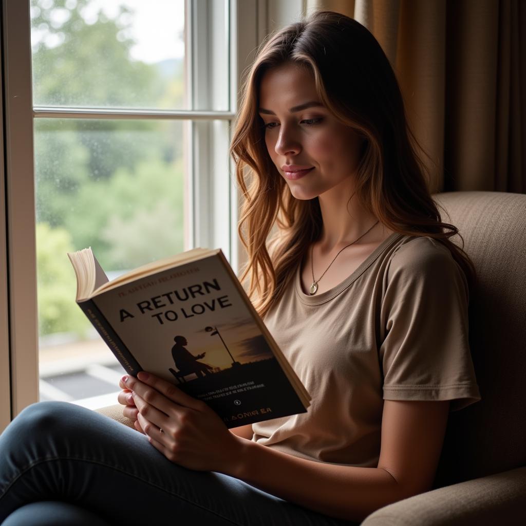 Woman Reading "A Return to Love" in a Peaceful Setting