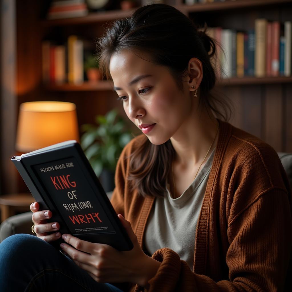 Woman enjoying "King of Wrath" on her tablet