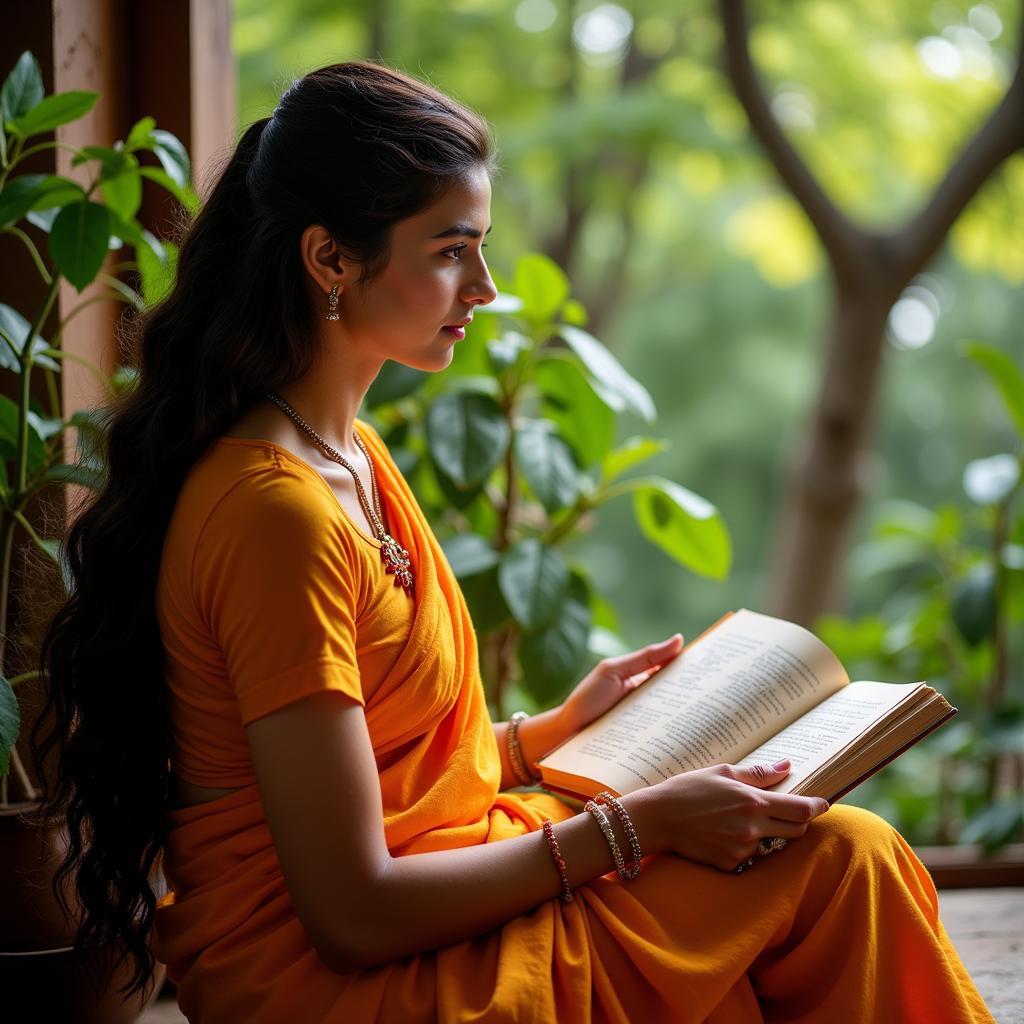 Woman reading Hanuman Chalisa in Telugu