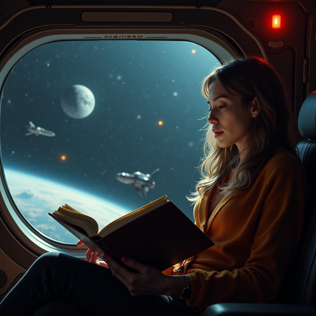 A woman reading a book in a spaceship setting