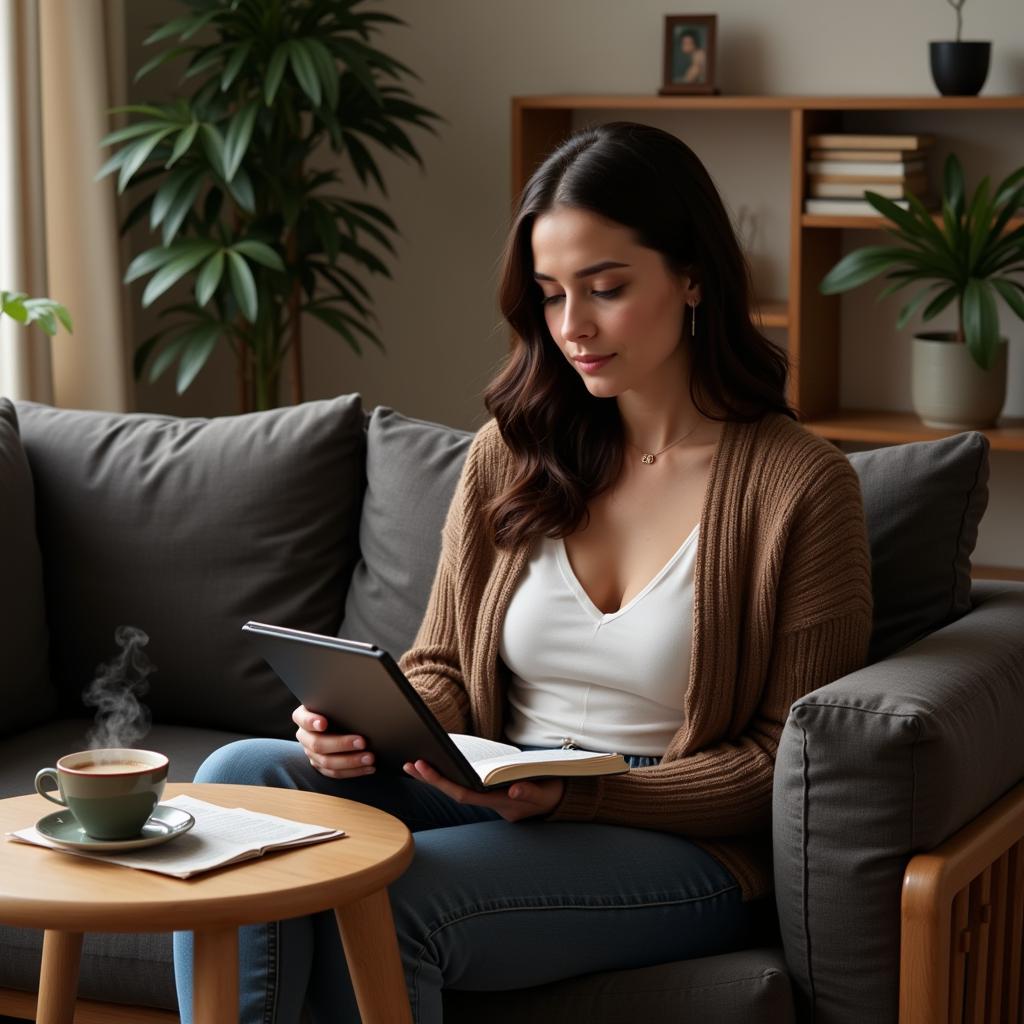 Woman reading on a tablet with a cup of tea