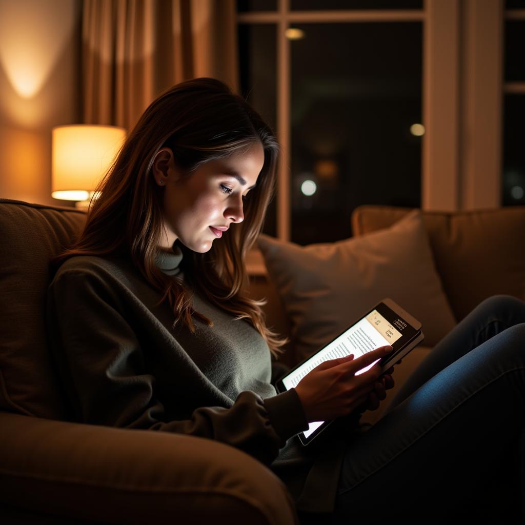 Woman engrossed in reading on a tablet