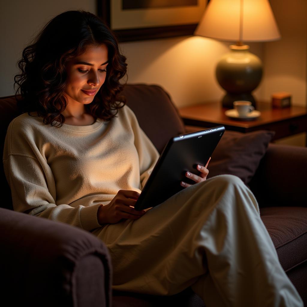 A woman enjoying a Tamil novel on her tablet in a cozy setting