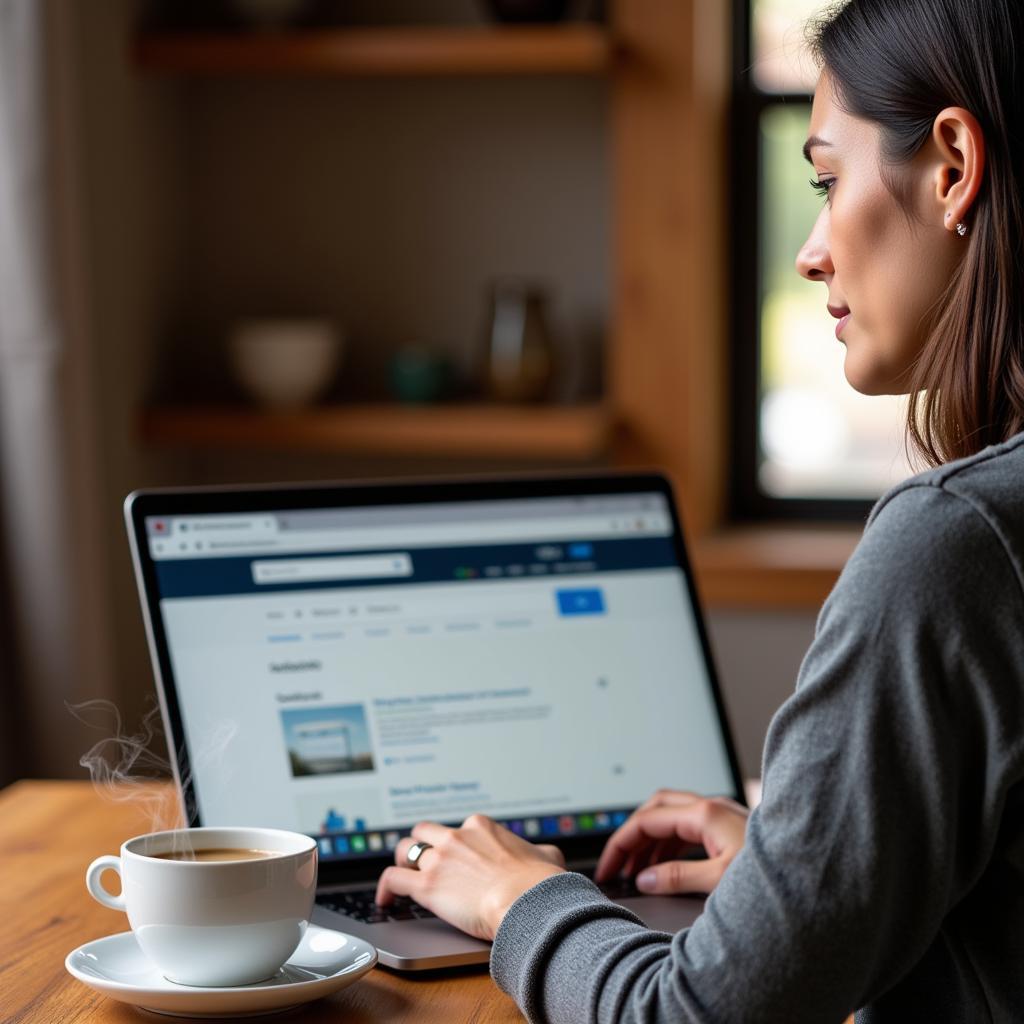 Woman on laptop researching Fleetwood RV manuals online 