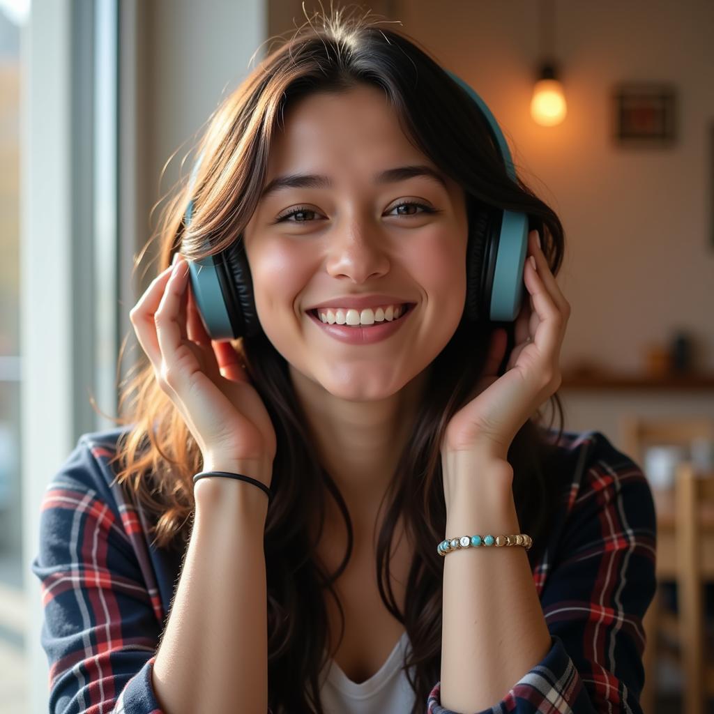 Woman listening to music on headphones offline