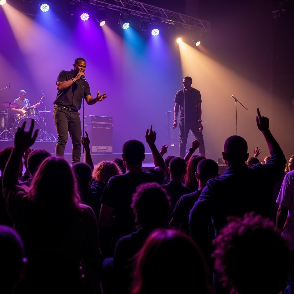 Bebe Cool performing live in a concert in Uganda, engaging with the audience.