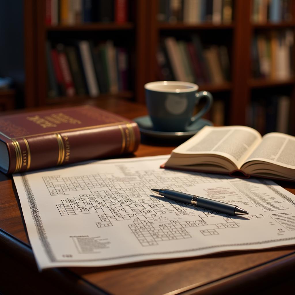 Crossword puzzle with pen and dictionary