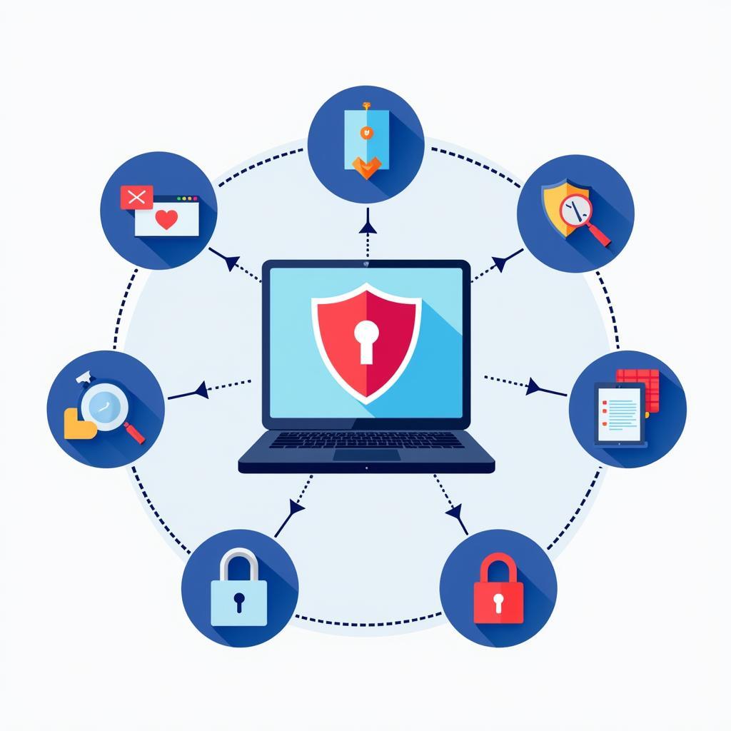 Illustration of digital security measures like antivirus software and VPN