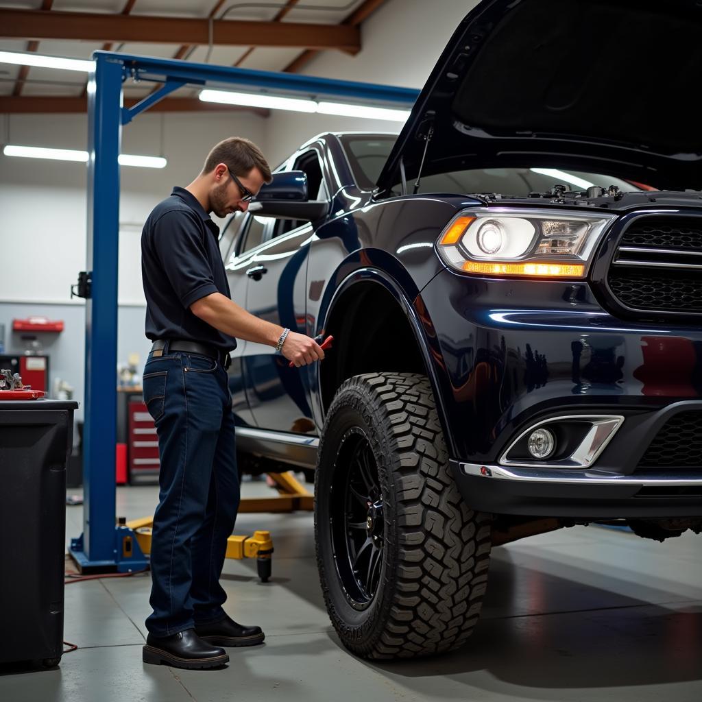 Dodge Durango Professional Repair: A mechanic working on the engine of a Dodge Durango in a professional garage.