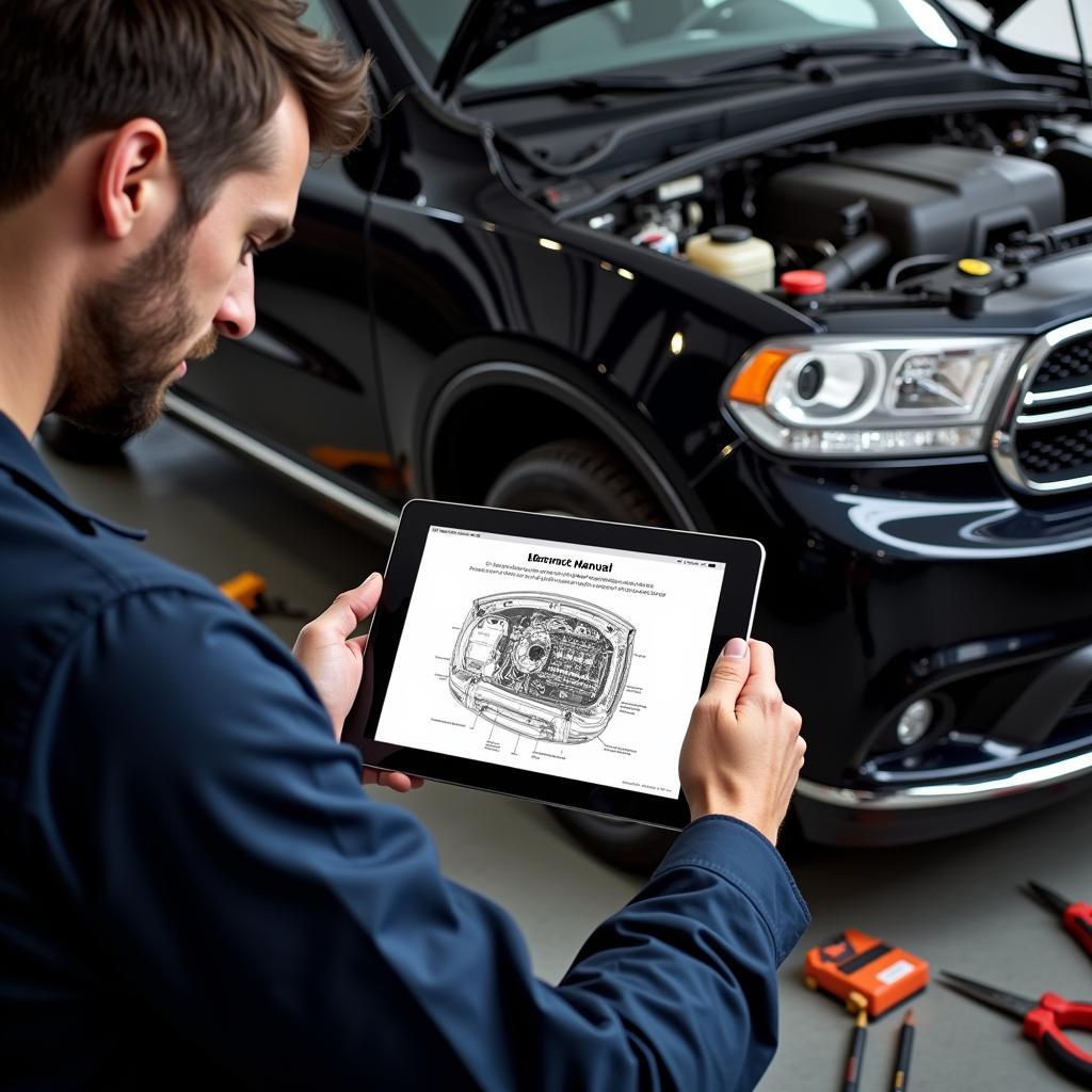 Dodge Durango Service Manual Download: A mechanic using a tablet to access a downloaded service manual for a Dodge Durango.