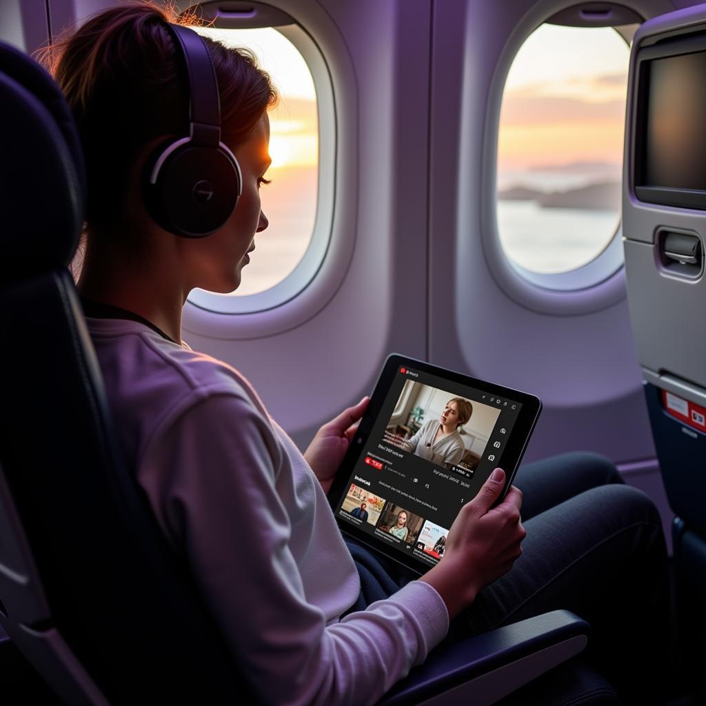 Person watching downloaded YouTube videos on a tablet during a flight.