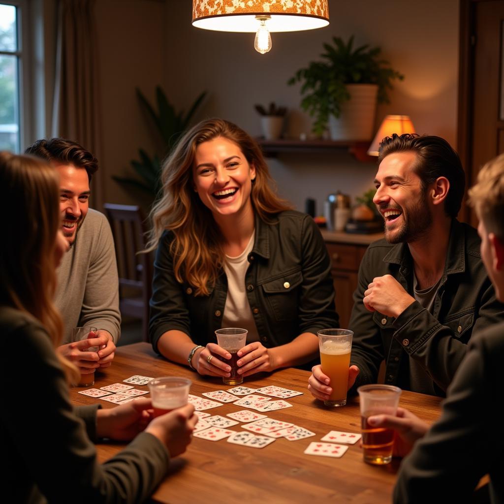 Friends playing a drinking card game at a party