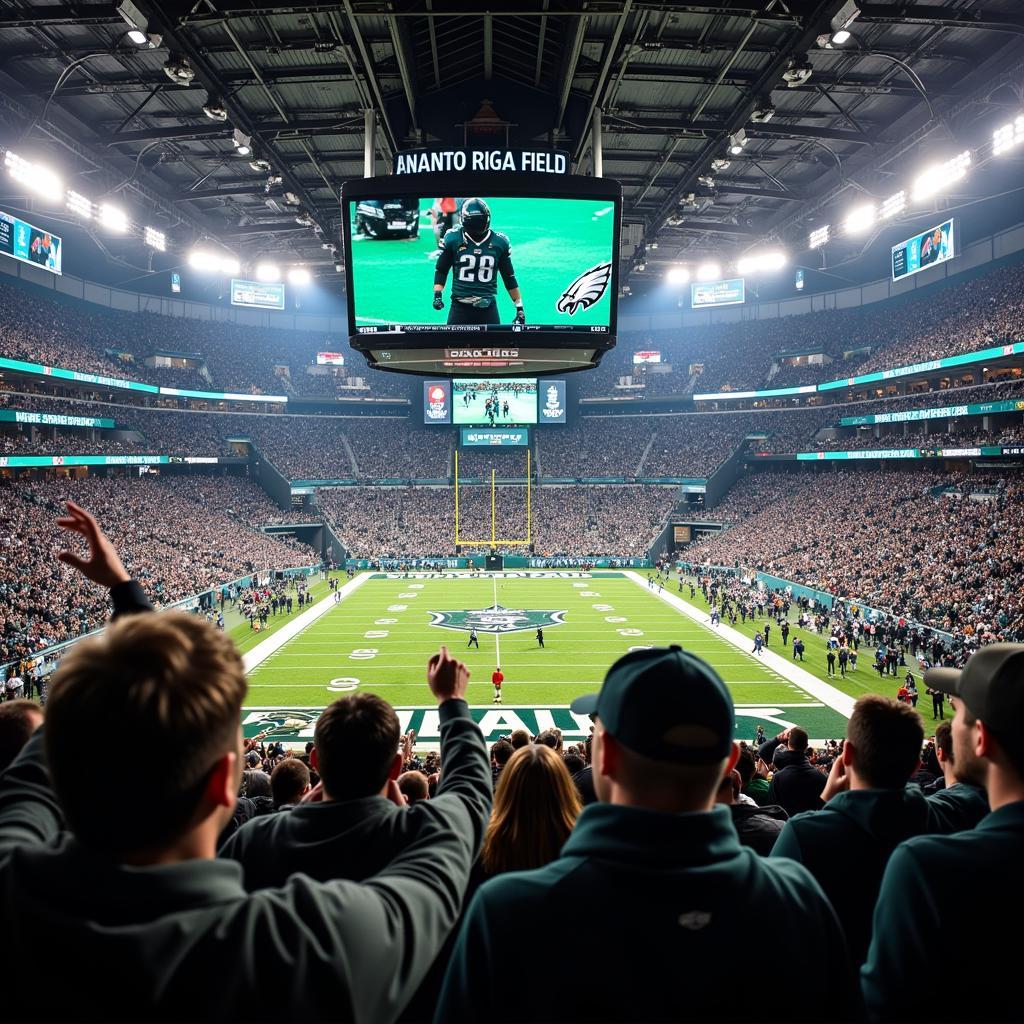 Eagles fans celebrating a touchdown at Lincoln Financial Field, with the fight song playing in the background