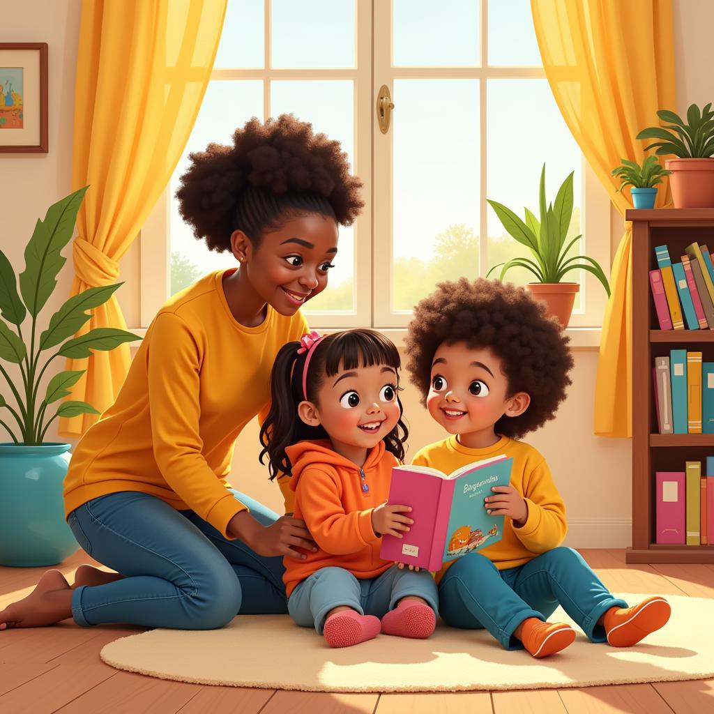 A family enjoys quality time together reading Chicka Chicka Boom Boom aloud.