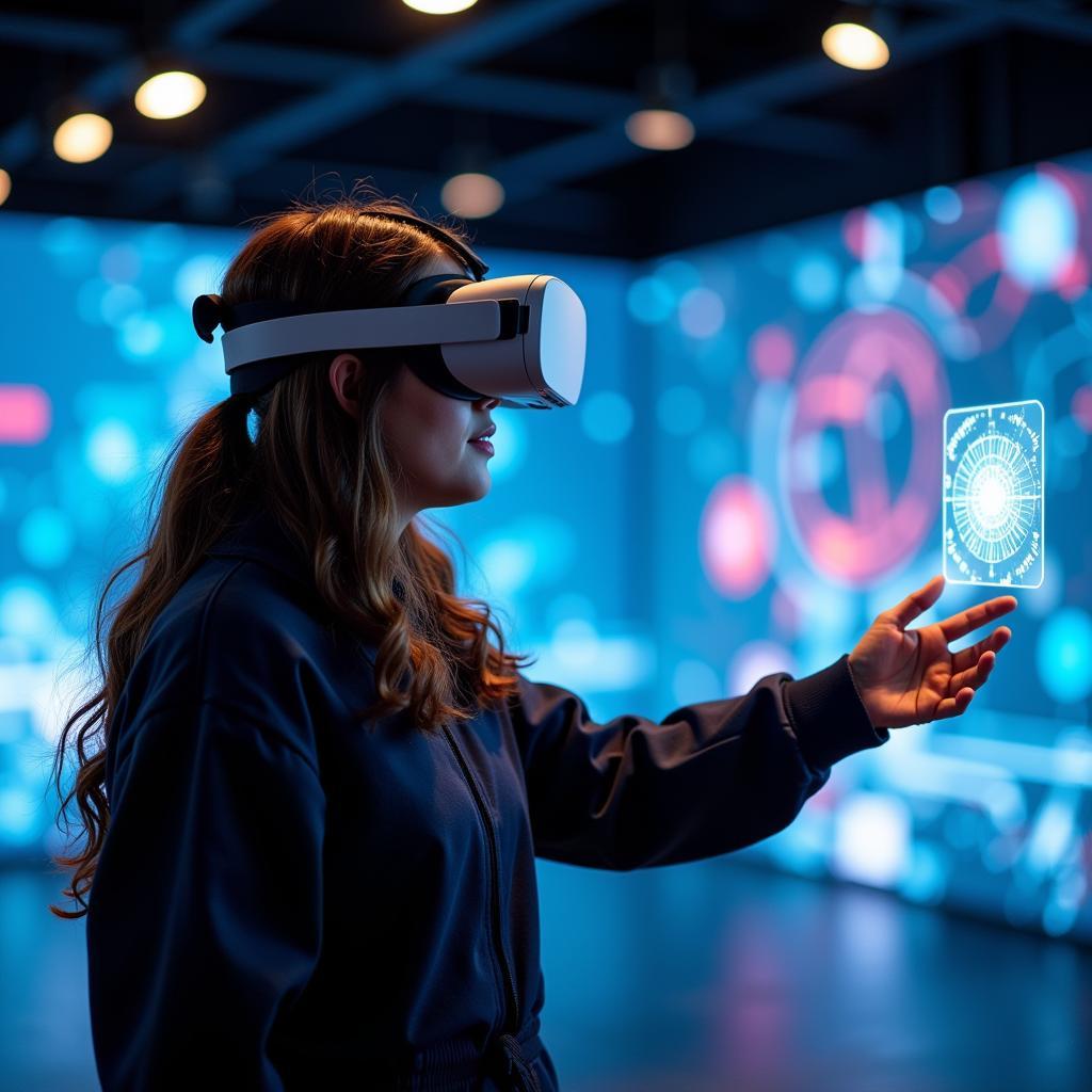 A person fully immersed in a VR experience, interacting with a vibrant and interactive virtual environment.