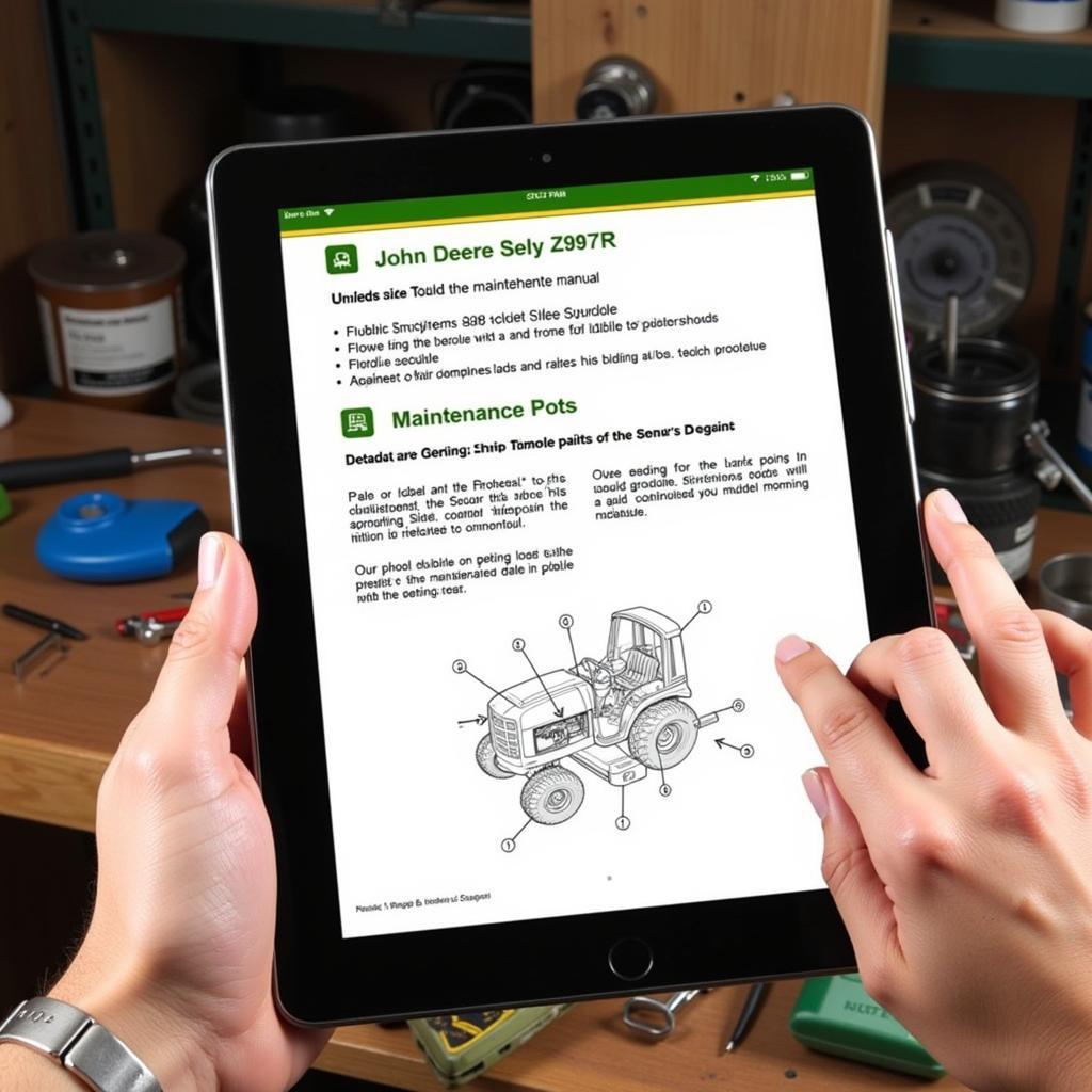 John Deere Z997R Manual PDF Download: A close-up of a tablet displaying the PDF manual with sections on maintenance, troubleshooting, and parts diagrams highlighted.