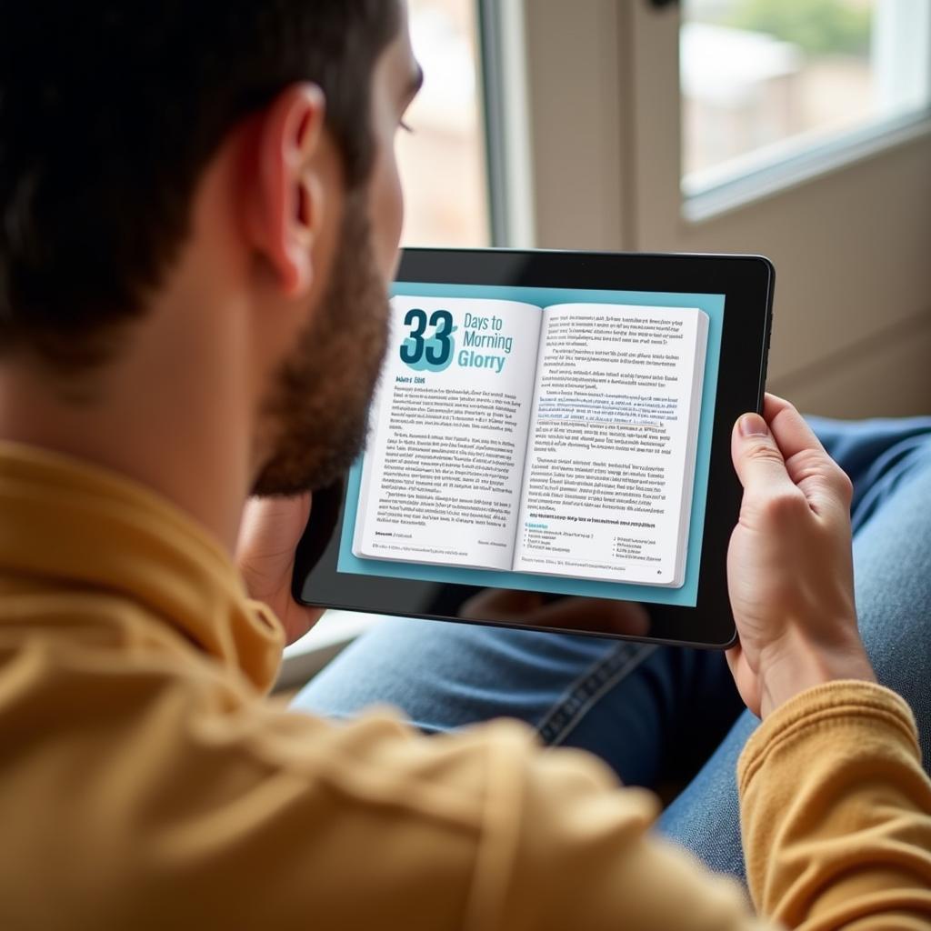 Man Reading 33 Days to Morning Glory on Tablet