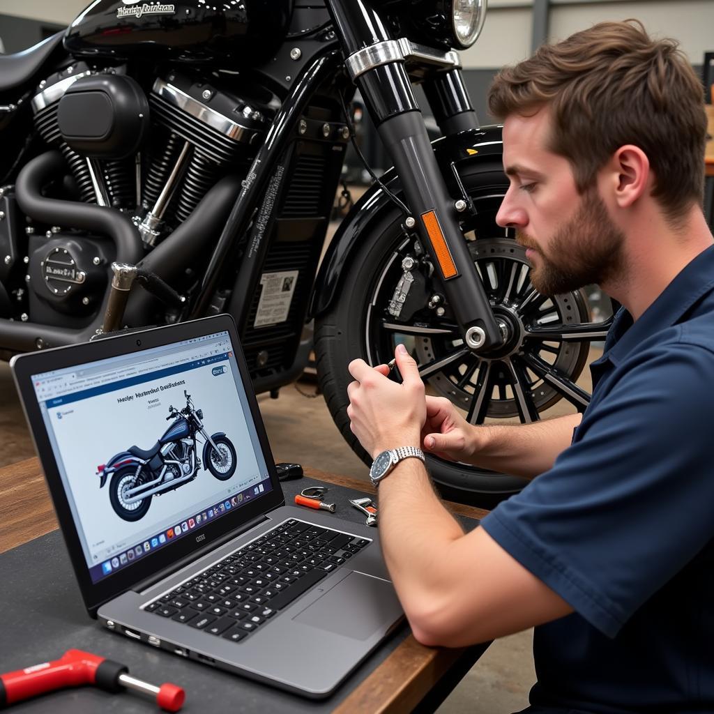 Mechanic Consulting a 2003 Harley-Davidson Service Manual During a Repair