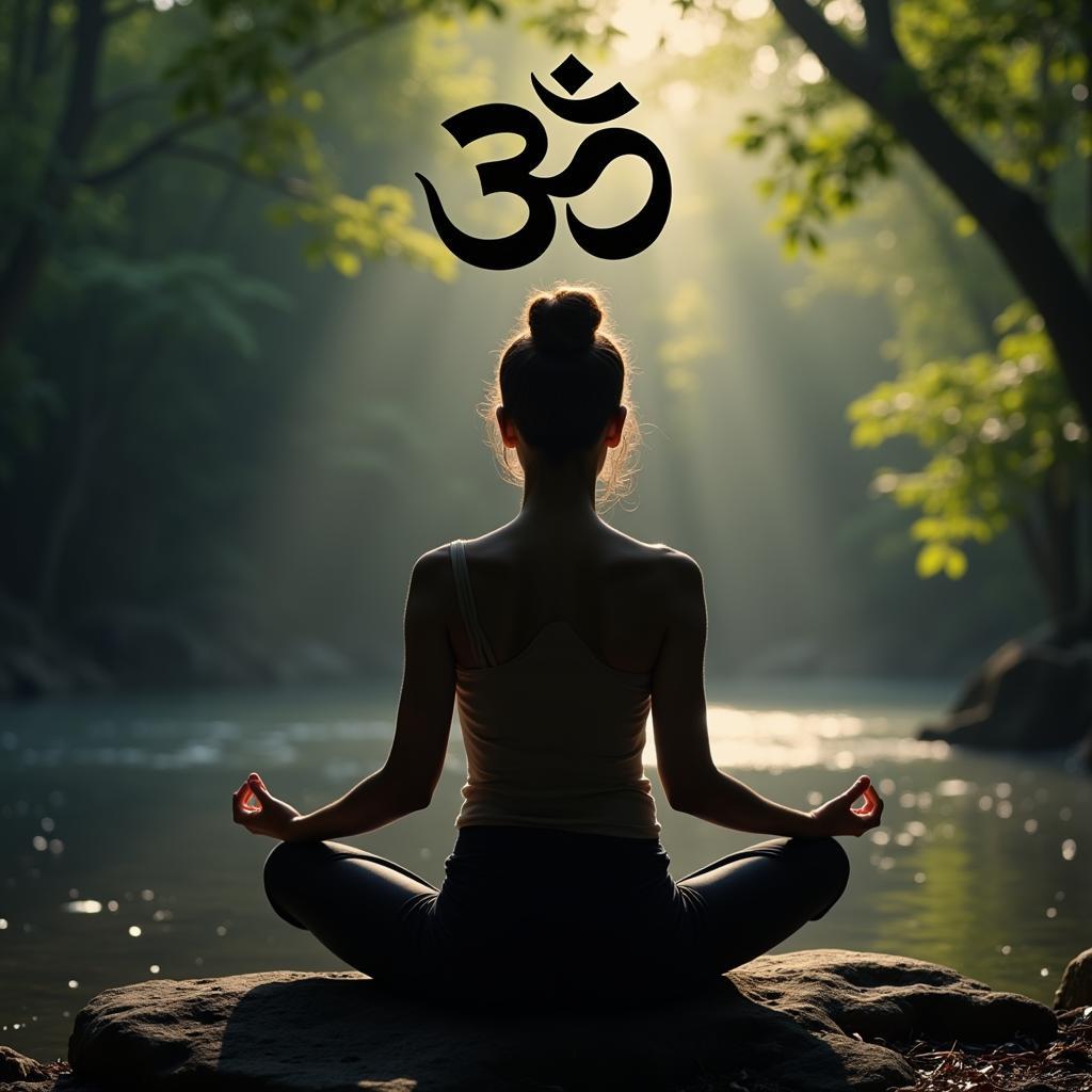 Person meditating peacefully in a serene setting with the Om symbol in the background