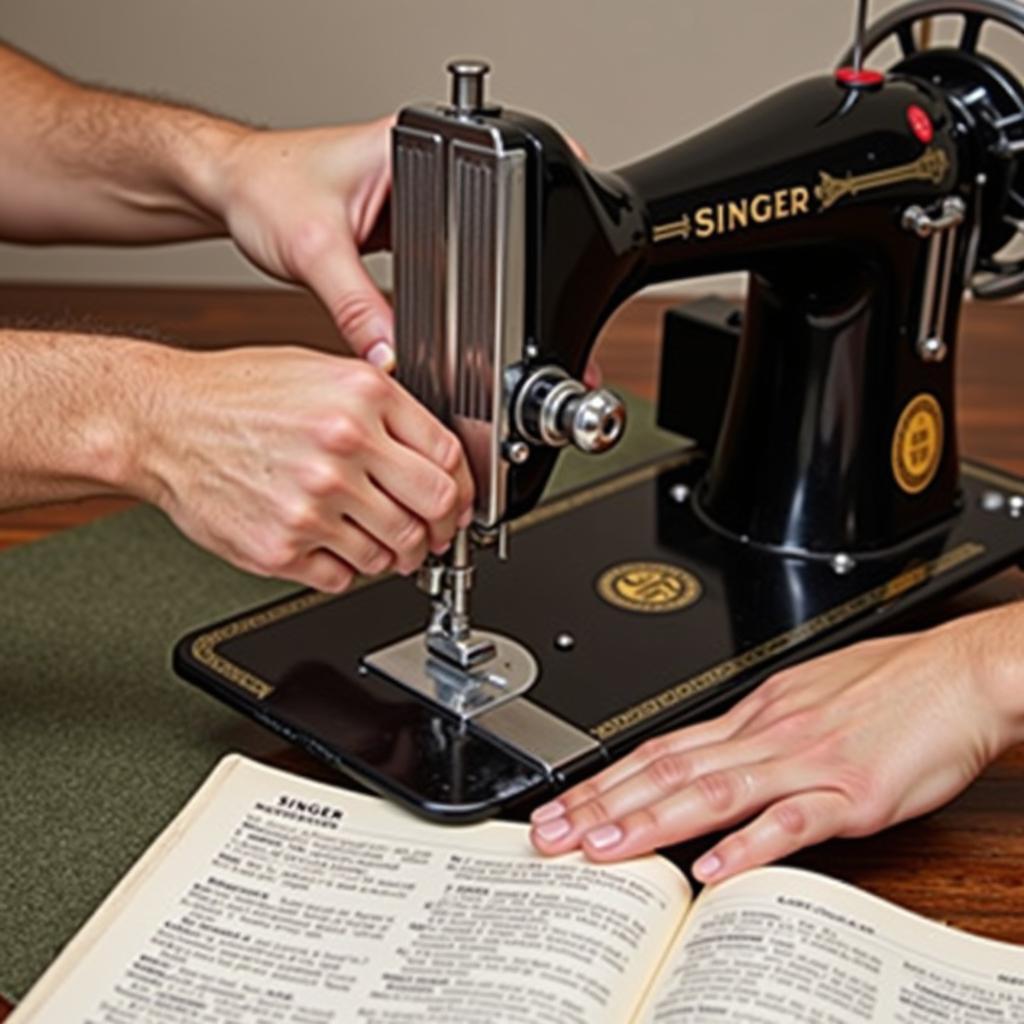 Singer Sewing Machine Maintenance: Close-up of someone cleaning and oiling a vintage Singer sewing machine according to the instructions in the manual.