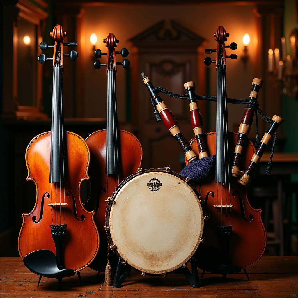 Traditional Irish Musical Instruments: Fiddle, Bodhran, Uilleann Pipes