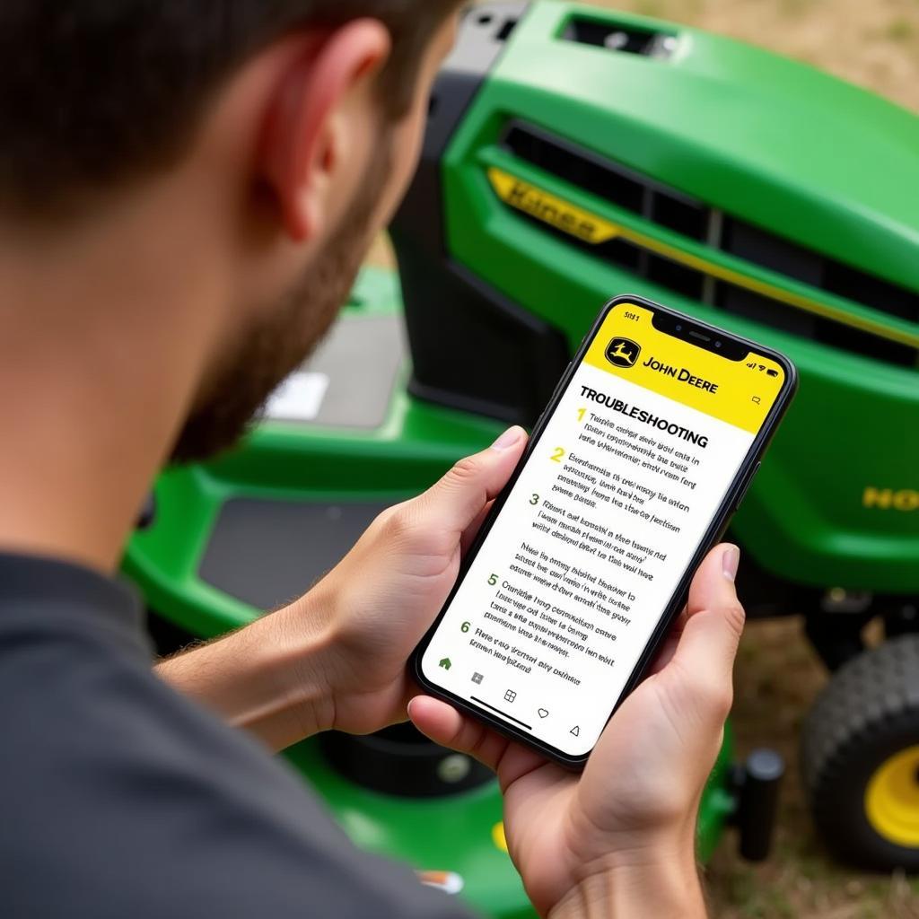 Using the Z997R Manual for Troubleshooting: A person using their phone to view the troubleshooting section of the manual while working on their mower.