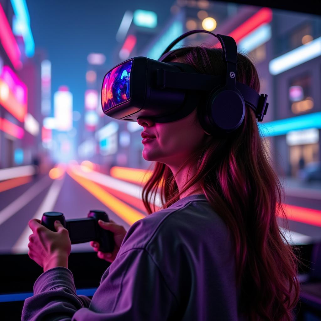 A gamer wearing a VR headset and immersed in a virtual reality game, experiencing the thrill of a hot new VR download.