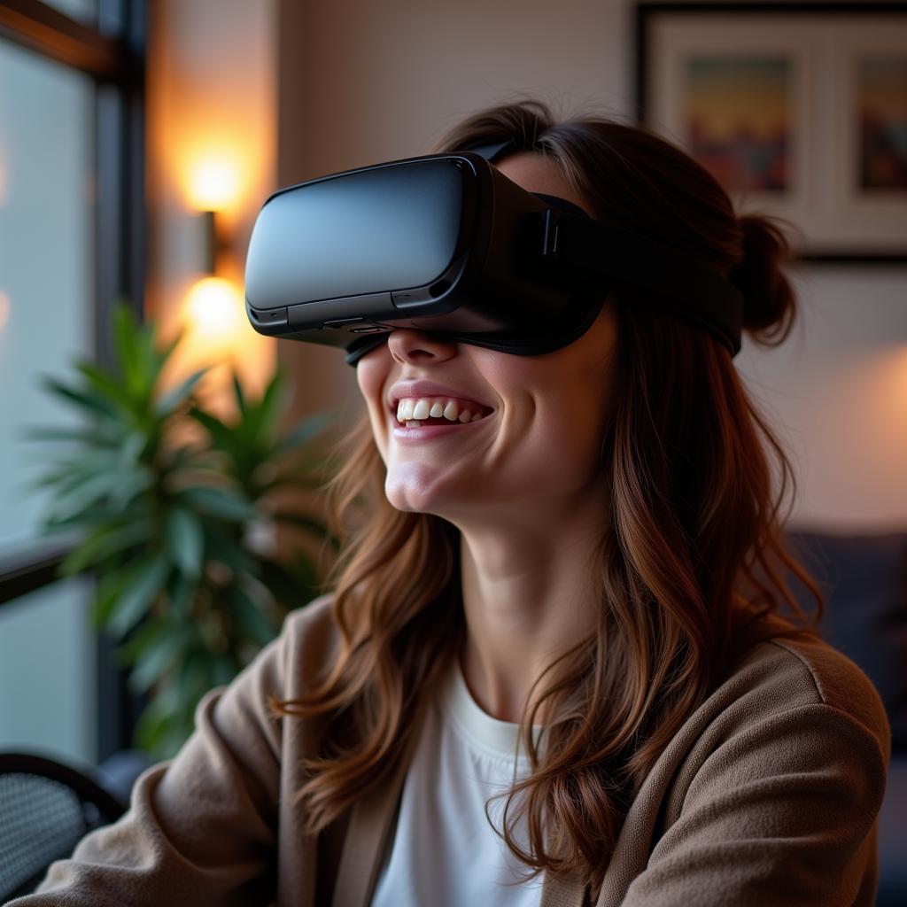 Woman Enjoying VR Porn: A woman immersed in a virtual reality experience using a VR headset, seemingly enjoying herself.