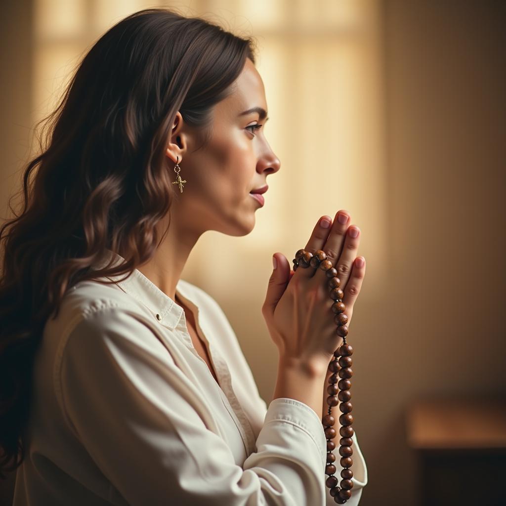 Woman Praying Rosary During 33 Days Devotion