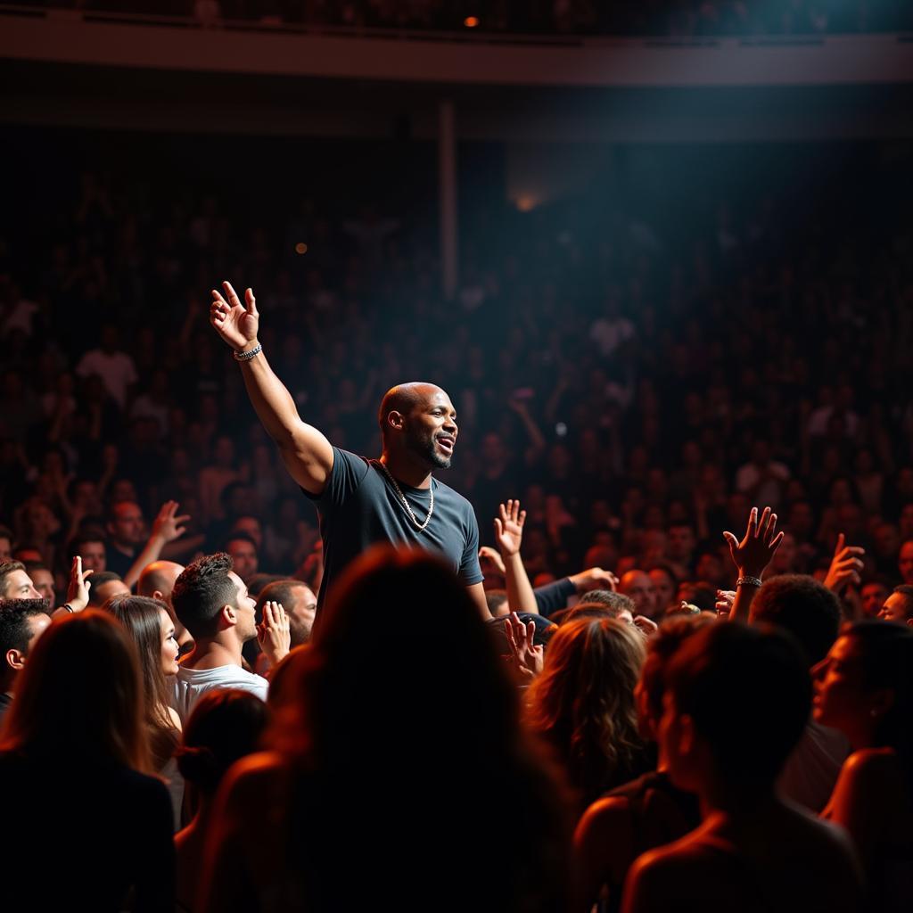 Akon performing live on stage.