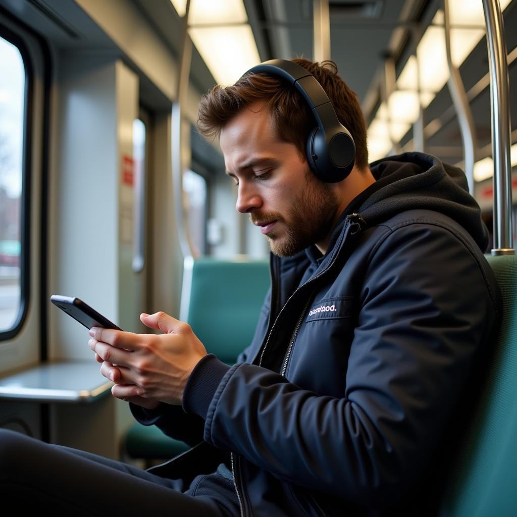 A person listening to an audiobook on their phone while commuting on a train.