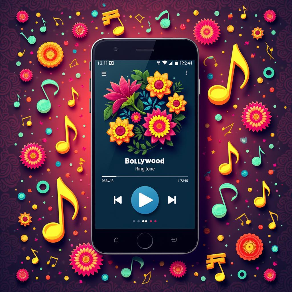 Bollywood Ringtone Download: A vibrant image depicting a mobile phone with a Bollywood song playing as a ringtone, surrounded by colorful musical notes and Indian motifs.