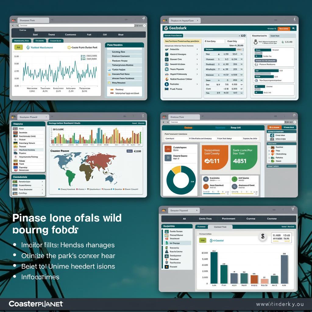 Coaster Planet Park Management Overview: An image depicting the park management interface, showing financial reports, visitor statistics, and staff management options.