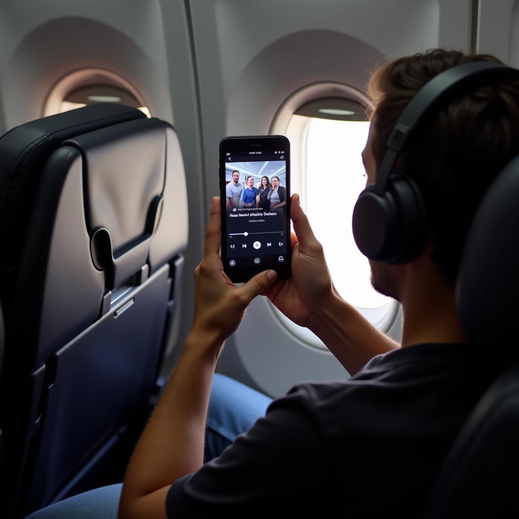 A person watching a downloaded video on their phone while on a plane