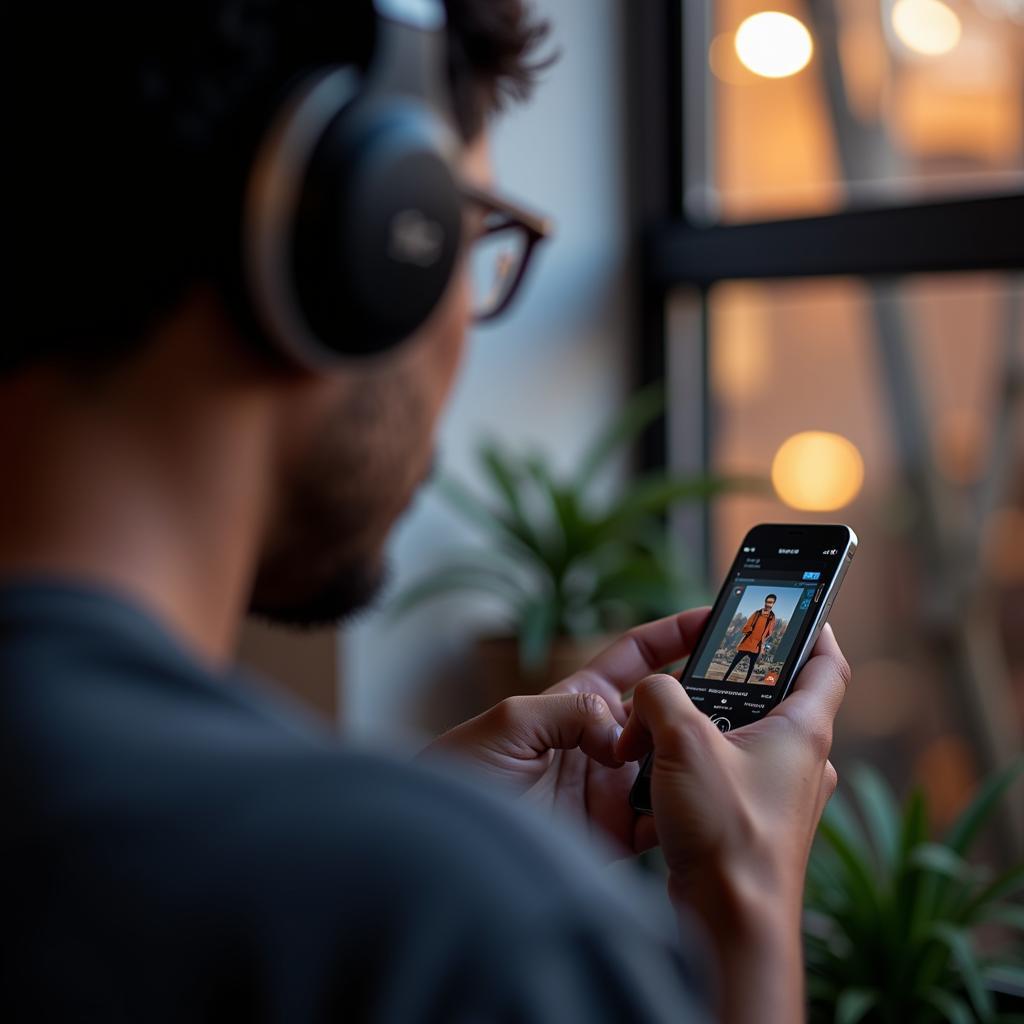 Person listening to music on their phone with headphones.