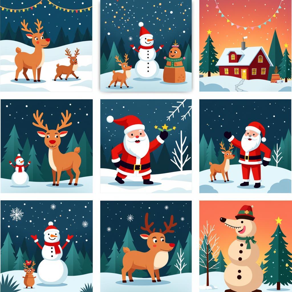 A diverse selection of animated Christmas cards featuring various themes and styles