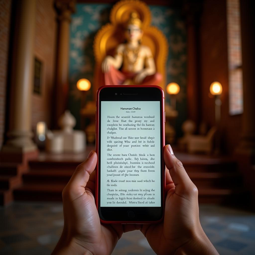 Devotee reading Hanuman Chalisa on mobile phone