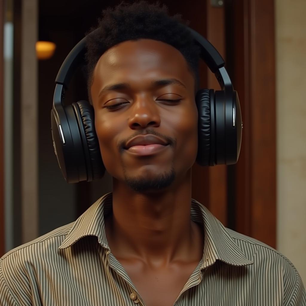 A person enjoying Metaverse by Olamide with high-quality headphones.