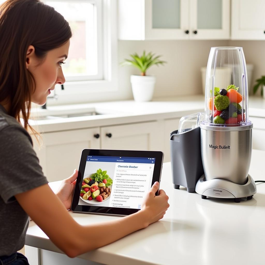 Magic Bullet Recipe Book PDF Download: A person browsing through a digital recipe book on their tablet, with a Magic Bullet blender in the background.