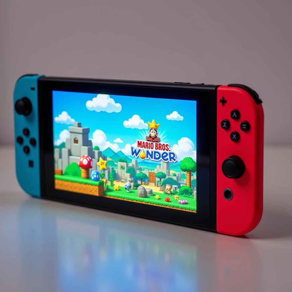 Nintendo Switch OLED console displaying Super Mario Bros Wonder