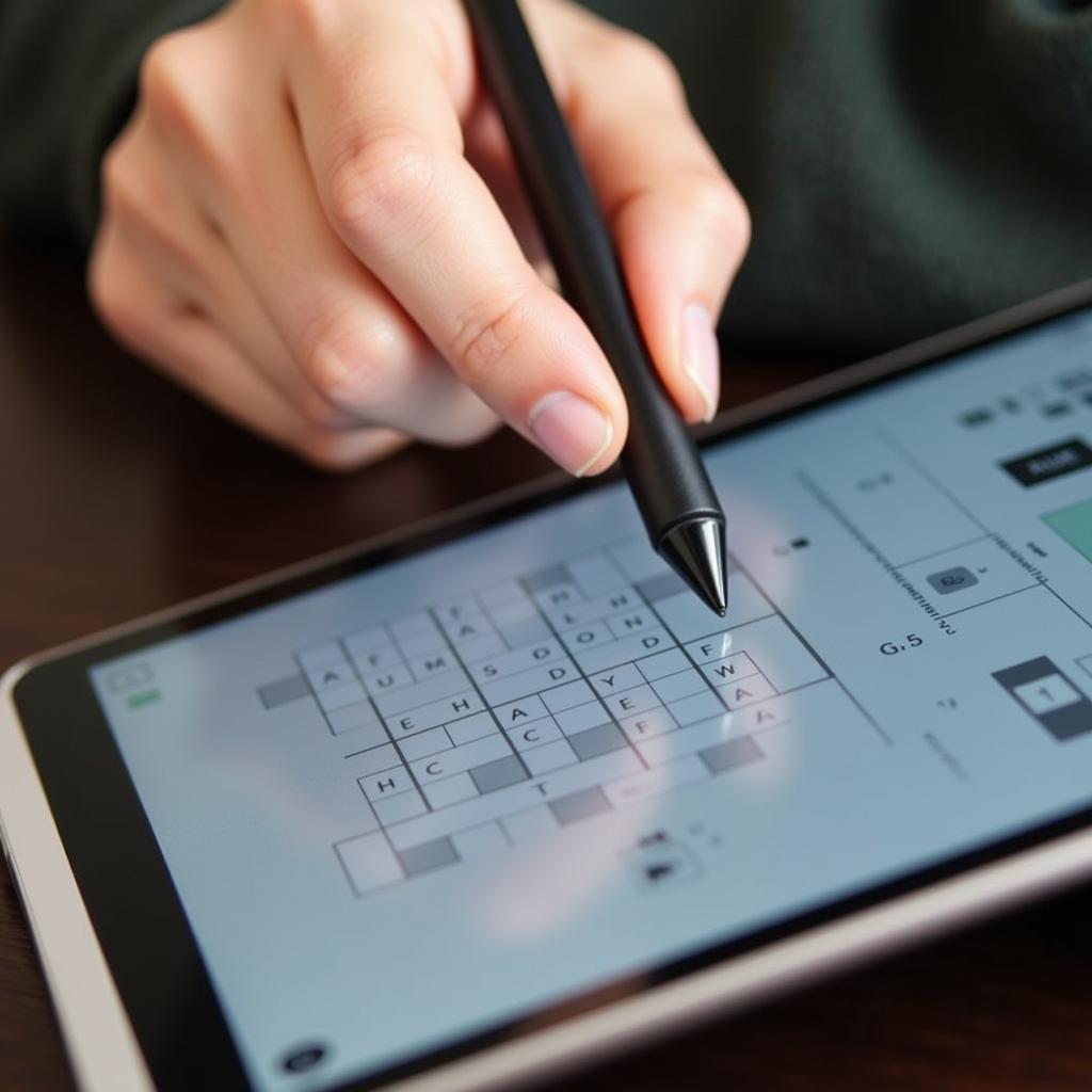 A hand using a stylus to fill in a crossword puzzle on a tablet.