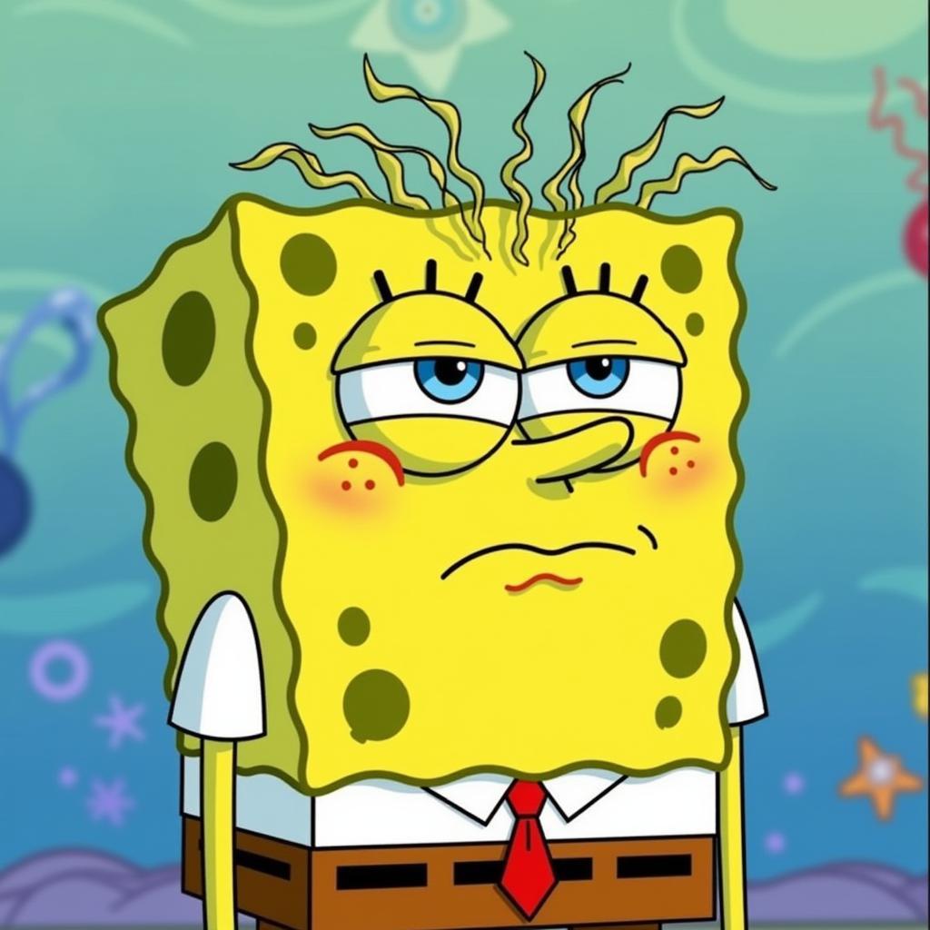 Spongebob Squarepants looking slightly tired and ruffled, as if after a moderately challenging task, representing the "a few moments later" meme.