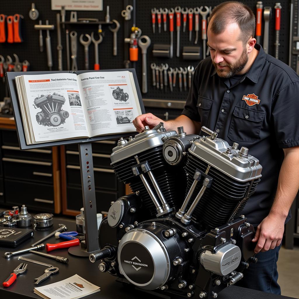 2022 Harley-Davidson Service Manual PDF Download: A mechanic working on a Harley-Davidson motorcycle using a service manual.